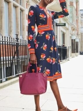 Boden Navy Floral Long-Sleeve A-Line Dress with Orange and Pink Accents